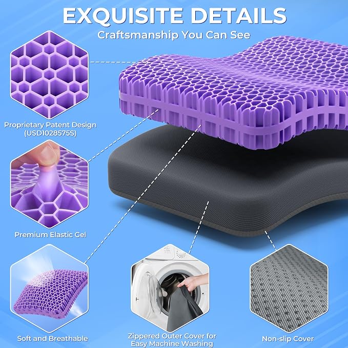 TushGuard Gel Seat Cushion for Long Sitting, Breathable Thick Patent Design | Enlarged Cooling Chair Pad for Office Chair, Wheelchair, Desk Chair, Supportive Car Cushion (2.2"Thinck, Grey+Violet) - Image 2