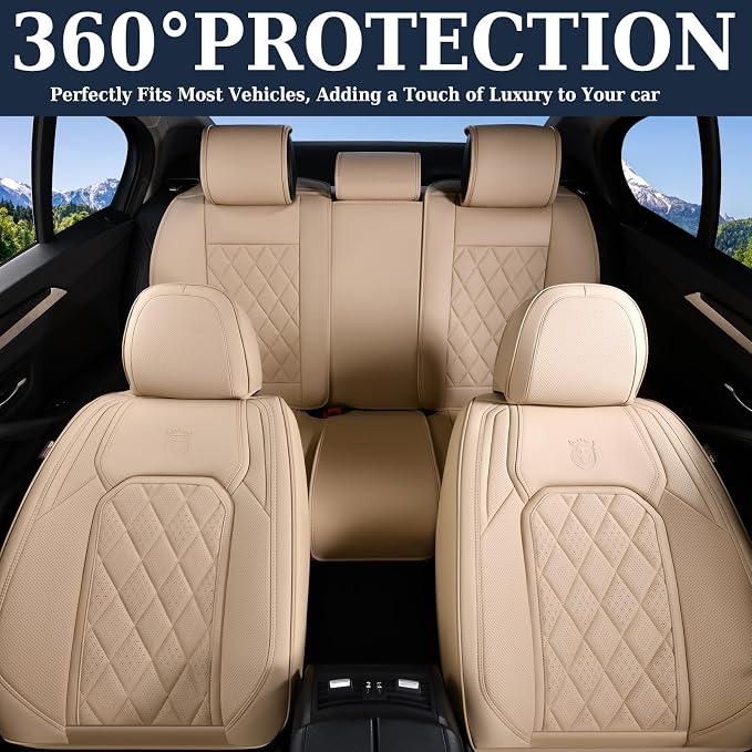 Coverado Leather Seat Covers, Car Seat Covers Full Set, Waterproof Faux Leather Beige Seat Covers, Car Seat Protectors 5 Seats, Automotive Seat Covers Universal Fit for Most Cars SUV Trucks, Beige - Image 9