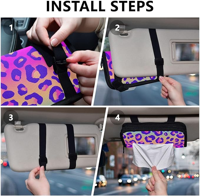 Car Tissue Holder Car Napkin Holder Tissue Box Dispenser Storage Case Sun Visor Mask Holder Accessories with Adjustable Straps Reusable Refillable Neon Gradient Leopard Print - Image 5