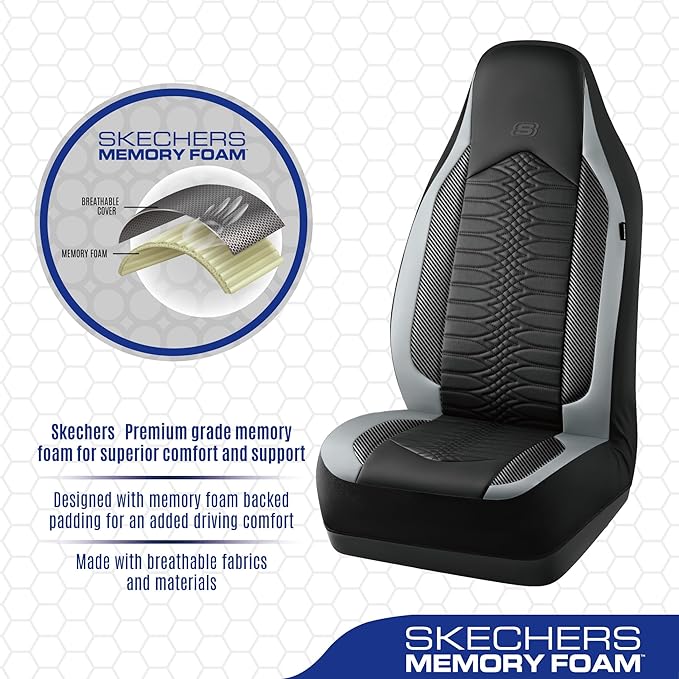 Skechers Memory Foam Car Seat Covers, Leather High Back Seat Covers Quilting Design,Waterproof Sports Car Seat Covers Full Sets,Airbag Compatible, Universal Fit for Most Cars, SUVs,Trucks,Gray - Image 4