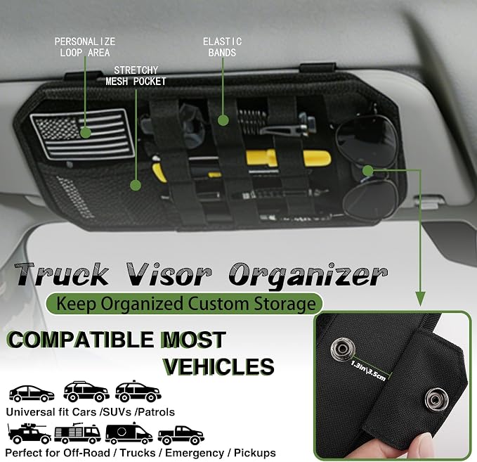Car Sun Visor Organizer, Fits Most Cars Trucks SUV Jeeps Patrols—Black | Tactical Molle Panel Visor Storage Organizer with Sunglasses Holder for Police Gear & Overland Accessories - Image 4