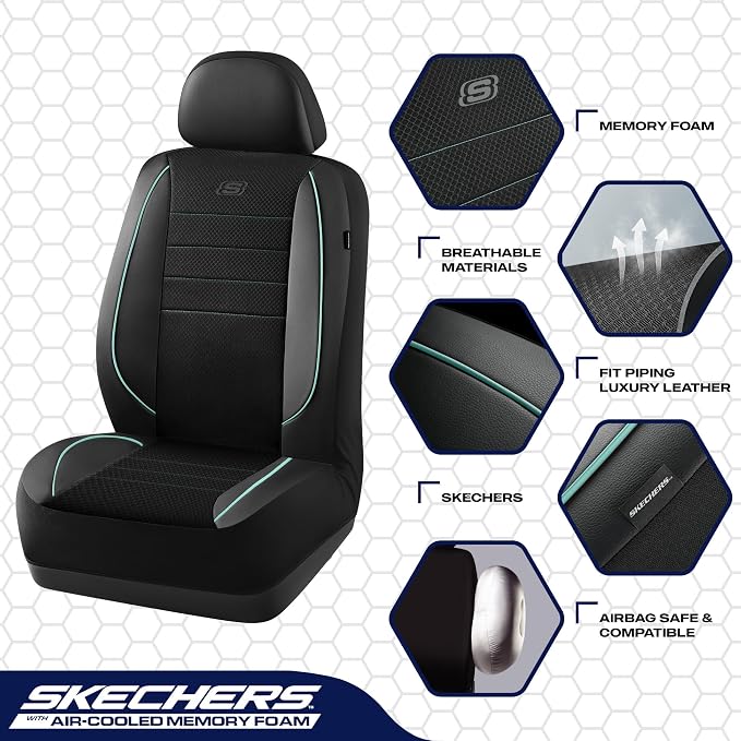 Skechers Air-Cooled Memory Foam Seat Cover,Mesh Thick Car Seat Covers,Piping Leather Car Seat Cover,Airbag Compatible,Automotive Comfort for Most Cars, Vans, Trucks, SUV(Mint,Full Set) - Image 4