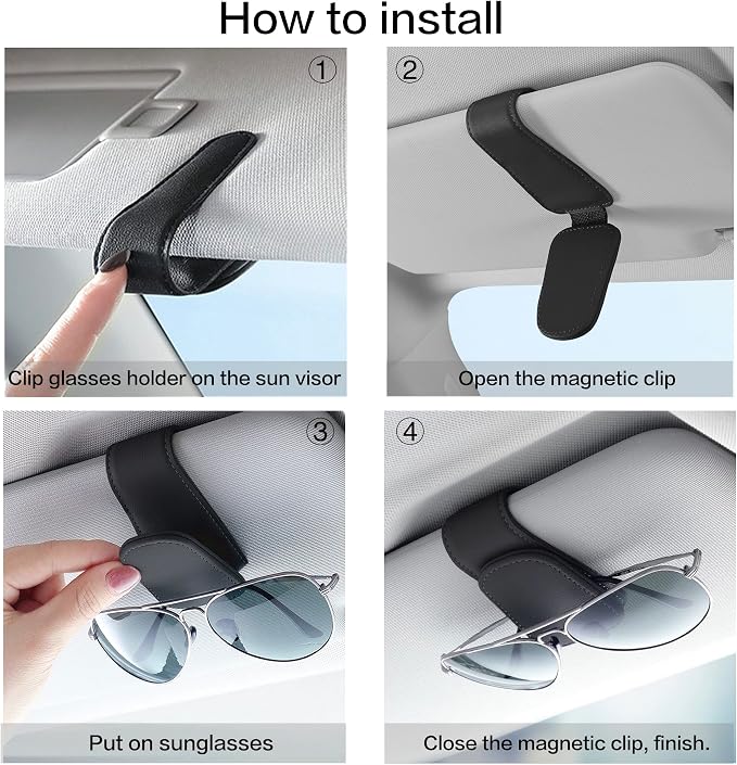 2 Packs Sunglass Holder for Car Sun Visor, Magnetic Eyeglass Hanger Clip for Car Visor, Leather Car Glasses Mount, Car Interior Visor Accessories (Black-2Pcs) - Image 6