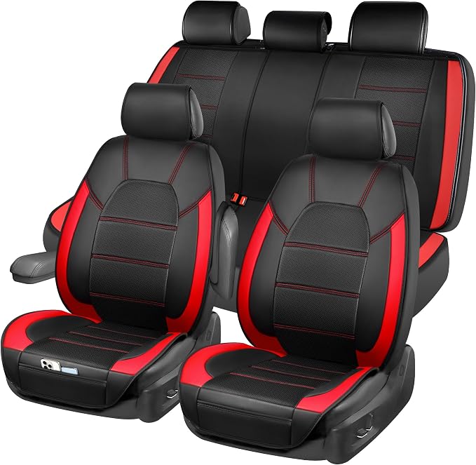 CAR PASS 5 Seats Leather Car Seat Covers, Sideless Car Seat Protectors with Storage Pocket, Water Resistance Seat Cover, Universal Fit Most Cars, SUVs, Trucks and Vans (Full Set,Black and Red) - Image 8