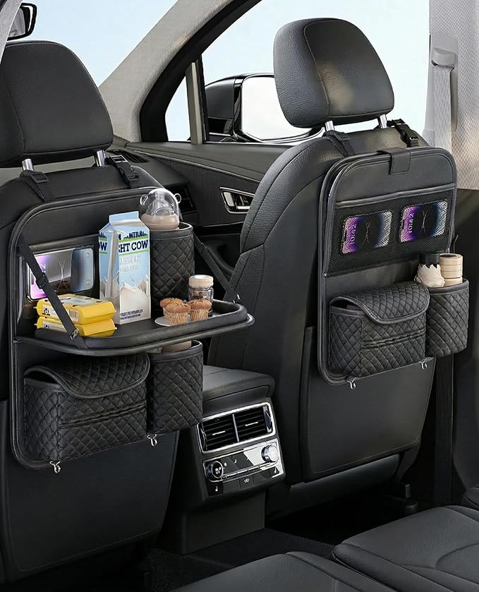 PU Leather Backseat Car Organizer with Foldable Tray & Tablet Holder Black | Luxury diamond stitching,anti-rattle design,universal vehicle compatibility,family road trip essential storage - Image 4