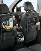 PU Leather Backseat Car Organizer with Foldable Tray & Tablet Holder Black | Luxury diamond stitching,anti-rattle design,universal vehicle compatibility,family road trip essential storage - Image 4