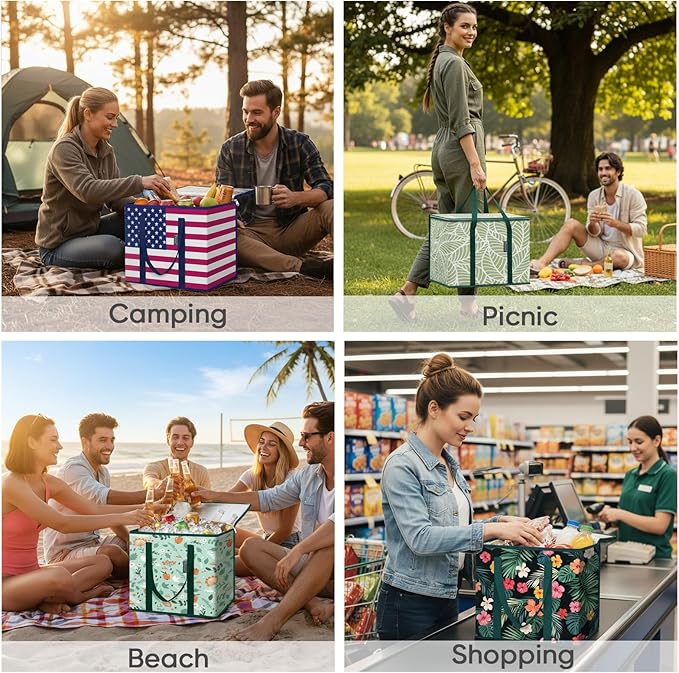 BALEINE 1Pk Insulated Reusable Grocery Bags, Collapsible Cooler Bag for Groceries, Heavy Duty Large Insulated Bag (16''x9''x13'', Antique Foliage) - Image 6