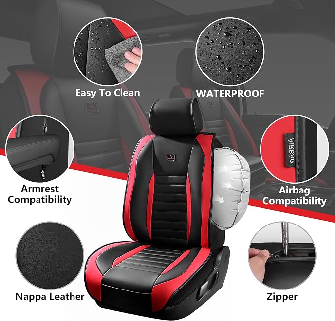 CAR PASS Nappa Leather Car Seat Covers Front Seats, Luxury Seat Protector for Cars, Waterproof Anti-Slip Seat Cushion Armrest Compatible Airbag Universal for Sedan SUV Pick-up Truck Auto, Black Red - Image 2