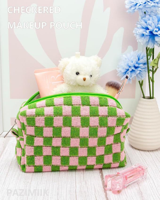 Checkered Makeup Bag for Purse, Small Cosmetic Pouch,Pink Green,6 Pack | Cute Zipper Makeup Organizer for Women, Travel Essentials, Toiletries, Makeup Brushes, Beauty Accessories&Bridesmaid Gifts - Image 2