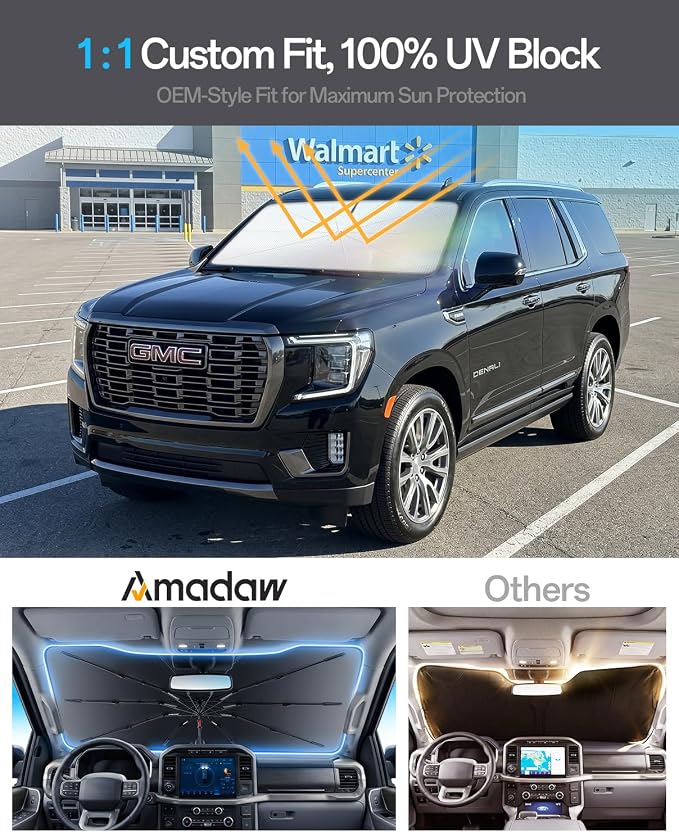 Windshield Sun Shade for GMC Yukon 2000–2026, Foldable Umbrella Sunshade with 100% UV Block, Multi-Layer Heat Insulation, Reinforced 10-Rib Frame, Keeps Car Cooler, Summer Car Accessory - Image 3