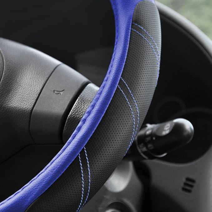 Elantrip Steering Wheel Cover Leather 15 1/2-16 inch Universal Padded Soft Grip Breathable for Car Truck SUV Jeep Anti Slip Blue and Black - Image 3