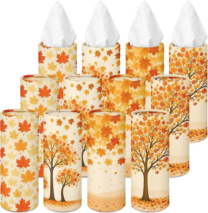 Arttown Car Tissue Holder for Cup Holder Facial Tissues 12 Pack Fall Autumn | Leaves Bulk 3-Ply,Refillable Marble Print Cylinder Tissue Boxes,Fit Car Home Office School (600 Sheets Total,50 Sheets Each) by Arttown