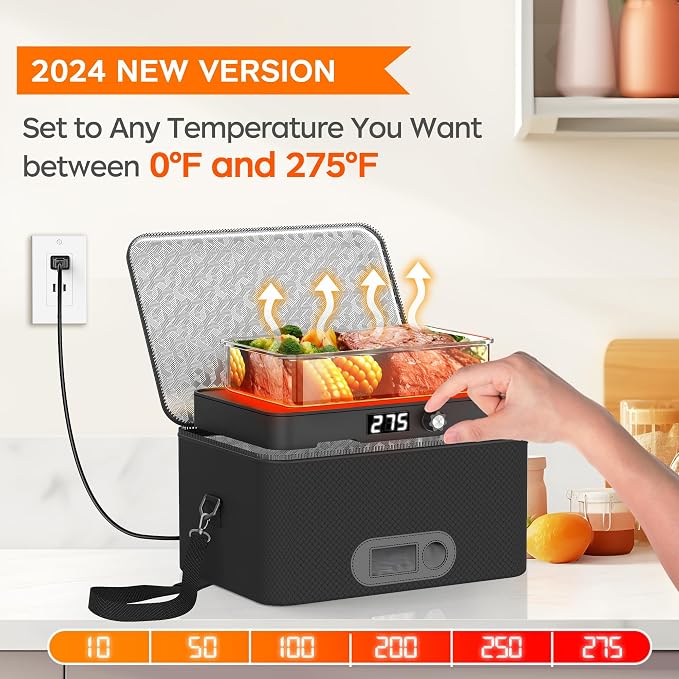 Portable Oven, 12V 24V 110V-240V Car Food Warmer Portable Personal Mini Oven Electric Heated Lunch Box for Meals Reheating & Raw Food Cooking for Road Trip/Camping/Picnic/Family Gathering(Black) - Image 2