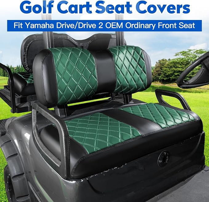 NOKINS Golf Cart Seat Covers 4 Piece Fits Yamaha Drive G29 /Drive2 | Front and Rear Seat Vinyl Covers, Golf Cart Accessories, No Staples(Dark Green&Black) - Image 2