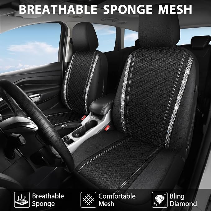 CAR PASS Memory Foam Mesh Bling Diamond Car Seat Cover 2 Front Seat Breathable Soft Sponge Universal Shining Glitter Sparkly Crystal Fit Armrest Automotive Truck SUV Cute Women Girl, Silver Rhinestone - Image 2