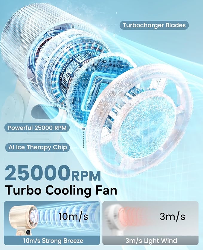 DIGIX Portable Handheld Turbo Fan with Ice Cooling, Rechargeable Personal Fan, Up to 15Hrs Cooling, 100 Speeds 25000RPM Powerful Portable Fan for Travel Outdoor,120° Adjustable, LED Display (White) - Image 3
