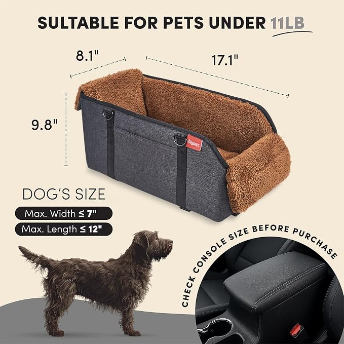 BurgeonNest Center Console Dog Car Seat for Small Pets to 11lbs, Brown | Anti-collapse armrest Console seat with washable fluffy cushion, pillow & tether for stable, cozy pet travel trips. - Image 2