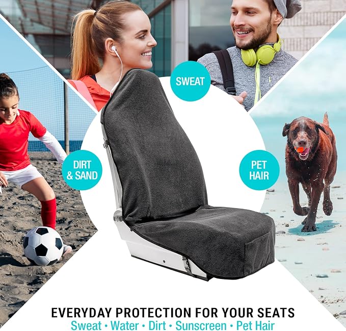 Terry Cloth Sweat Towel Seat Cover; Carseat Towel Protector; Great for Gym Workout; Waterproof; Universal Fit for Car SUV Van Truck; EZ fit; Non Slip Grip; Machine Washable; 2pc Grey - Image 2