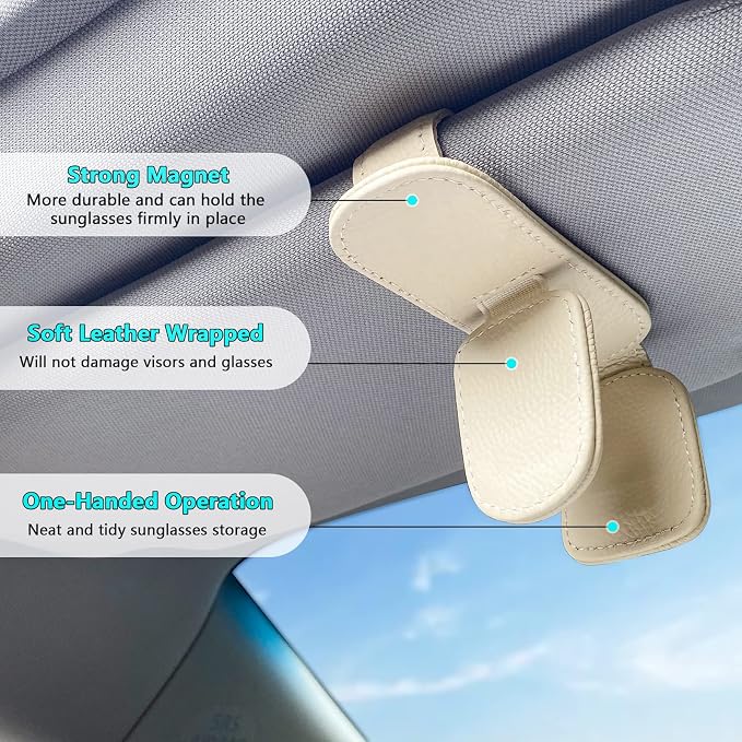 2 Pack Sunglass Holder for Car Visor Clip, Magnetic Leather Eyeglass Hanger Clip for Car, Square Car Visor Accessories (White) - Image 3