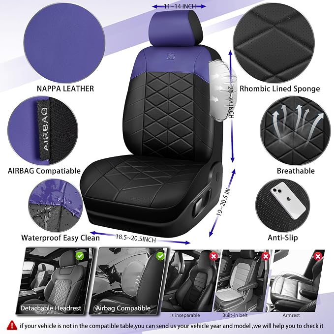 CAR PASS Memory Foam Leather Front Seat Covers, Waterproof Nappa Leather Seat Covers Front Seats Universal Fit for Cars,SUV,Truck Seat Covers Thick 3D Foam Comfortable, Airbag Compatible Black Blue - Image 2