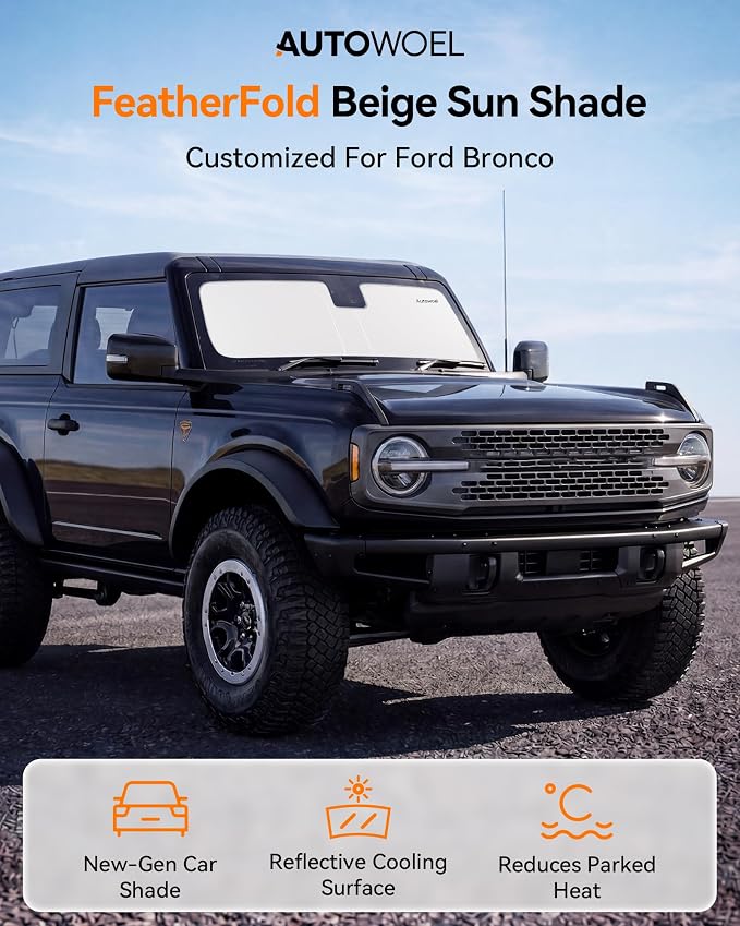 Cooling Windshield Sun Shade for Ford Bronco 2021-2026, 240T Beige, UPF 50+ | Heat-Insulating Fabric, 99% UV Protection and Heat Insulation, Foldable, Storage Bag Included, for Cars SUVs and Trucks - Image 2