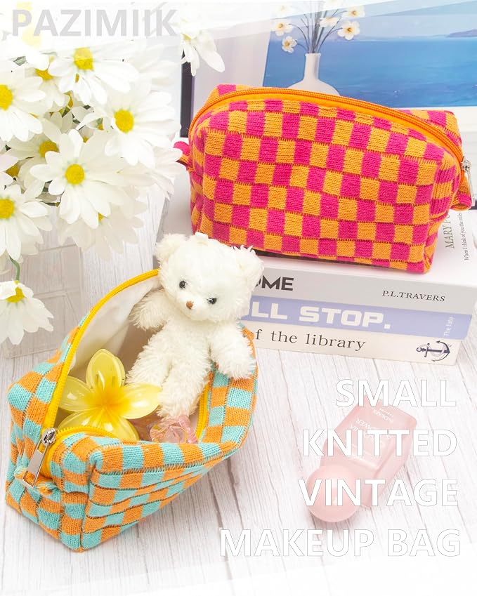 Checkered Makeup Bag for Purse, Small Cosmetic Pouch,Orange Green,2 Pack | Cute Zipper Makeup Organizer for Women, Travel Essentials, Toiletries, Makeup Brushes, Beauty Accessories&Bridesmaid Gifts - Image 6