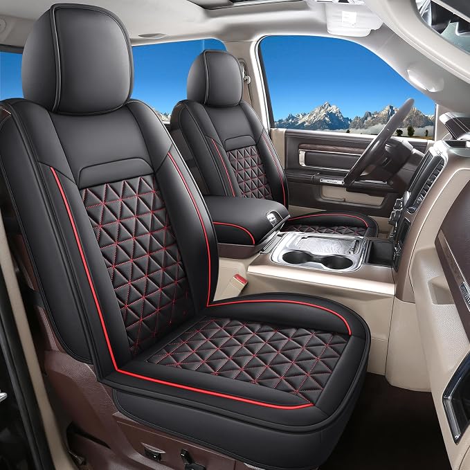 Coverado Seat Covers for Dodge Ram, Waterproof Front Car Seat Covers for Truck Compatible with 2002-2026 Dodge Ram 1500 2500 3500 Crew Double Mega Quad Cab(Black&Red line) by COVERADOAUTO