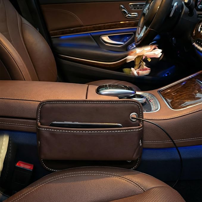 Car Seat Gap Organizer | PU Leather Seat-Side Storage Pocket with Cable Port | Fits Most Cars, SUVs and Trucks | White - Image 5