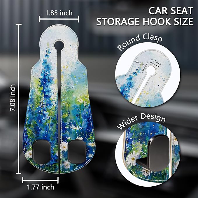 Blusabaca 2PCS Car Seat Headrest Hooks, Purses Bags Holder, Floral Blue | PU Leather, Double Metal Back Storage Hangers for Grocery Bags Handbags Bottles Coats Phones, Car Accessories Organization - Image 5