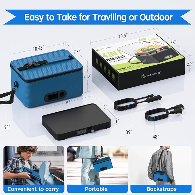 Portable Oven, 12V 24V 110V-240V Car Food Warmer Portable Personal Mini Oven Electric Heated Lunch Box for Meals Reheating & Raw Food Cooking for Road Trip/Camping/Picnic/Family Gathering(Blue) - Image 7
