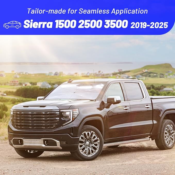 Windshield Sun Shade Umbrella for GMC Sierra 1500 2500 3500 2019-2025 | Custom Fit Foldable Front Window Sunshade with 360° Rotating Shaft for UV & Heat Protection, Easy Storage Car Sun Shield - Image 3