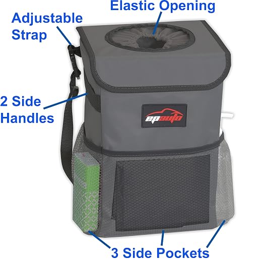 EPAuto Waterproof Car Trash Can with Lid and Pockets, 2.5 Gal, Dark Gray | Leakproof, Collapsible Multipurpose Car Bin with 3 Side Storage Pockets, Adjustable Straps - Image 4