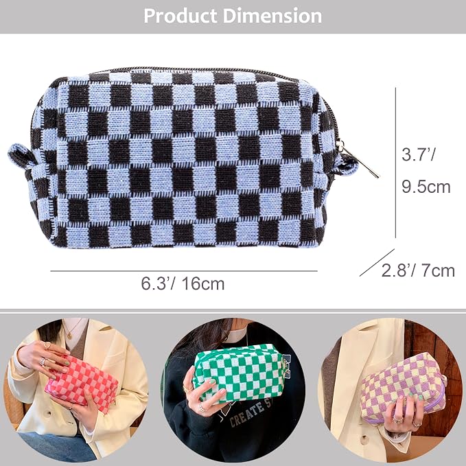 Checkered Makeup Bag for Purse, Small Travel Cosmetic Pouch,Blue Black | Cute Zipper Makeup Organizer for Women, Travel Essentials, Toiletries, Makeup Brushes, Beauty Accessories&Bridesmaid Gifts - Image 3
