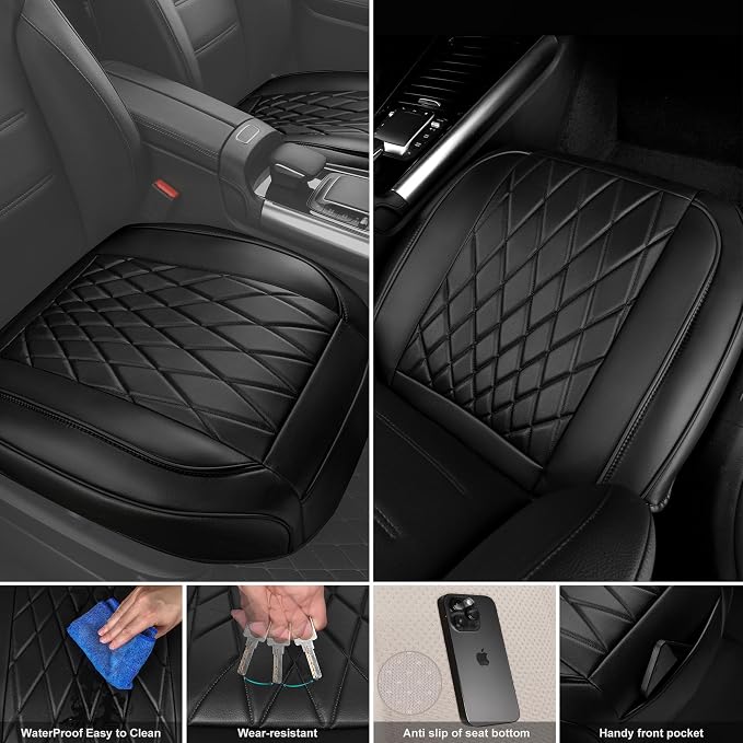 CAR PASS 2 Pack Leather Front Car Seat Covers, Bottom Seat Covers Full Wrapped with Storage Pocket, Anti-Slip Leather Seat Protectors,Waterproof Seat Cushion Pad Universal Fit Sedan SUV Truck, Black - Image 3