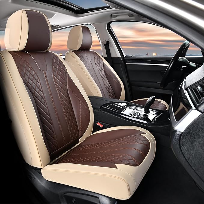 FLORICH Front Seat Covers 2 Pieces Universal Seat Cover for Cars Breathable Leather Waterproof Car Seat Cover Driver Seat Cover Automotive Car Seat Cushion Fit for Most Cars SUV Trucks, Beige&Coffee by FLORICH