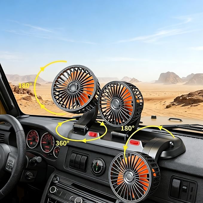 Triple Head 24V Car Fan for SUV Truck Car RV with No AC,Adjustable Car Cool Fan, Triple Head Design, 2-speed Adjustable, 360° Rotating Portable Car Fan,Powered by Cigarette Lighter - Image 4