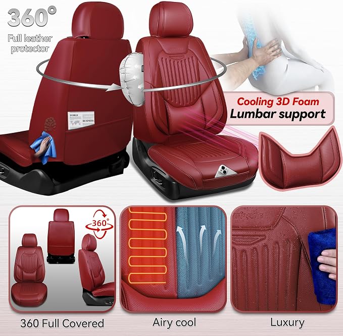 CAR PASS Luxury Nappa Leather Car Seat Covers Full Set, Lumbar Support Seat Covers for Car 5 Seats, Waterproof Car Seat Protector, Automotive Seat Covers Universal Fit for Sedans SUV Trucks Burgundy - Image 4