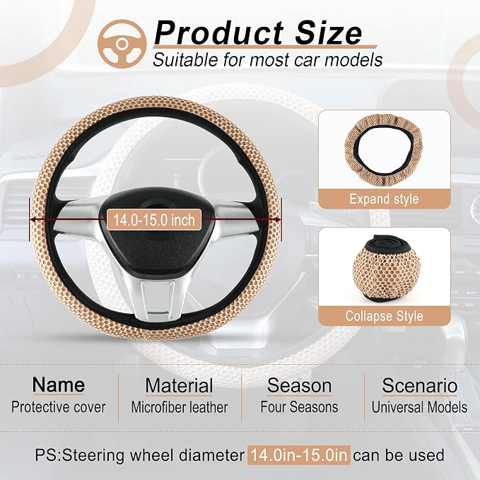 Alpmosn Elastic Stretch Steering Wheel Cover, Breathable Microfiber Ice Silk, Anti-Slip, Car Interior Accessories Fits for 14"-15" Steering Wheel Covers for Women & Men(Beige) - Image 2