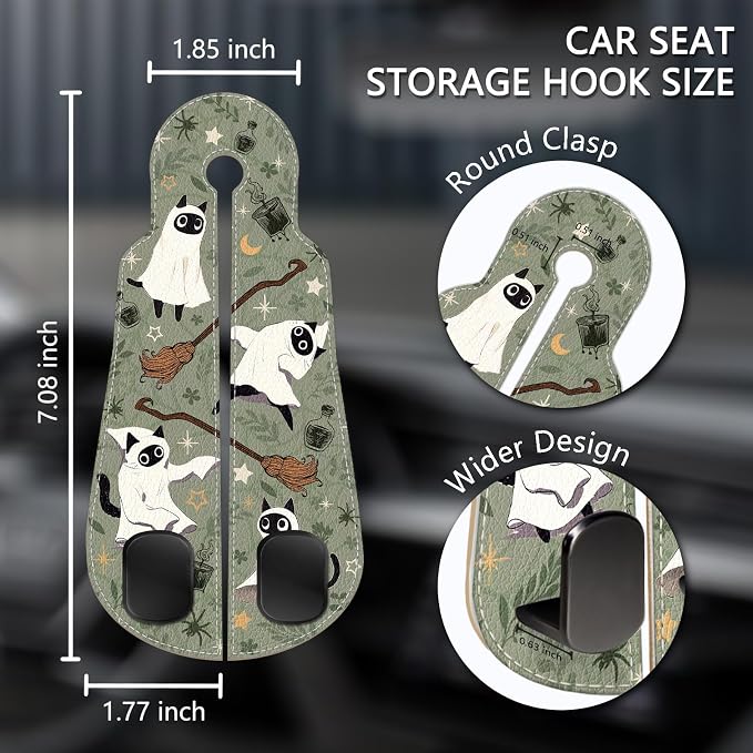 Blusabaca 2PCS Car Hooks for Purses Bags, Halloween Spooky Cute Cat Witch Magic Seat Back Storage Headrest Holder Hanger PU Leather Double Metal Backseat Organizer, Women Car Accessories Organization - Image 5