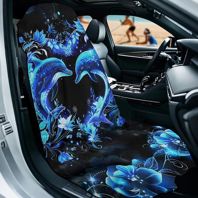 Blue Dolphin Car Seat Cover Towel with Storage Bag Neon Dolphin Car Interior Accessories for Women Men Sweat Auto Interior Seat Protector Running Yoga Hiking After Gym Sweat Towels Universal - Image 2
