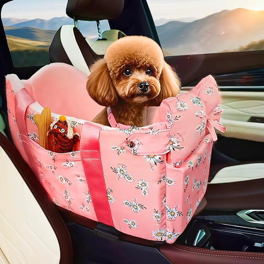 Console Dog Car Seat for Small Dogs Up to 11 Lbs, Pink Daisy | Portable Armrest Booster With Soft Cushion Safety Belt by HANMEIANINC