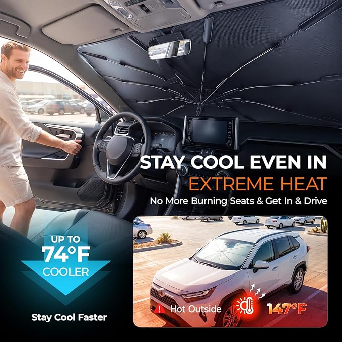 [2026 Upgraded] DooGooCoo Windshield Sun Shade Umbrella for Toyota Highlander 2020-2025 2026 [100% Sunlight Blocked, Cooling Ice Crystal] Sunshade for Car Windshield for Highlander Sun Shade. - Image 3