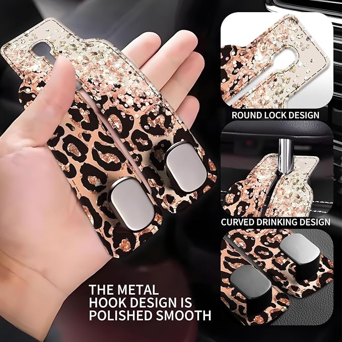 Car Seat Back Storage Headrest Hook, Premium Leather Double Metal Hook, Hanger Storage Organizer for Purse Cloth Bag, Car Interior Accessories Glitter Pink Leopard - Image 3