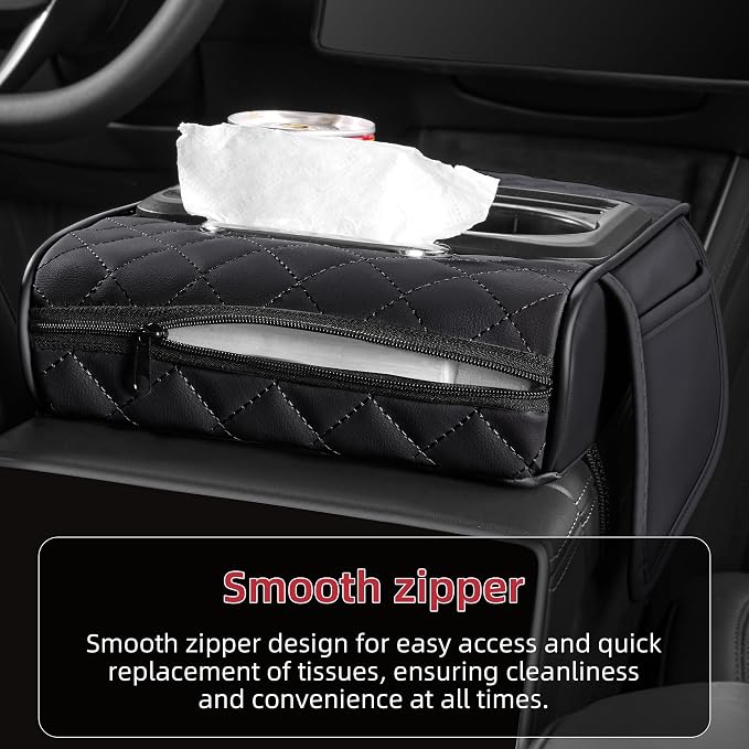 5 in 1 Nappa Leather Console Armrest Cover, Black | Built-in cup holder, tissue slot, phone holder & 2 storage pockets, practical car accessories fit SUV sedan truck - Image 5