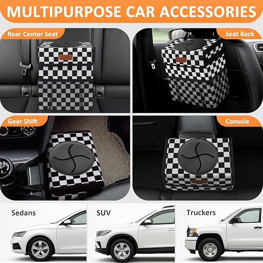 Vankor Car Trash Can with Lid Leak Proof Car Accessories for Women | 3 Gallon Cute Hanging Car Trash Bin for Men Car Truck Auto Interior Automotive Garbage Cans, Black White Checkered - Image 5