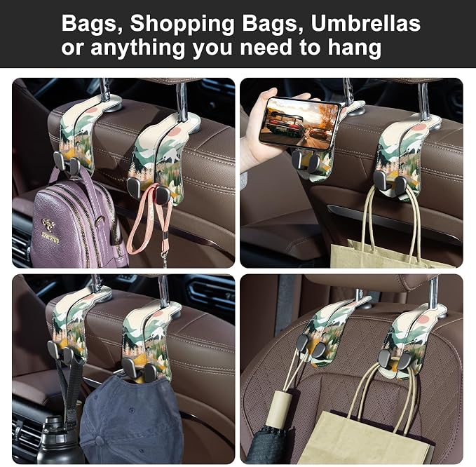 CoBak Purse Hook for Car - Universal Premium Stitched Leather and Aluminum-Magnesium Alloy Double Car Seat Back Storage Hook for Purses, Handbags, Bags (2 Pack),Mountain Calm - Image 4