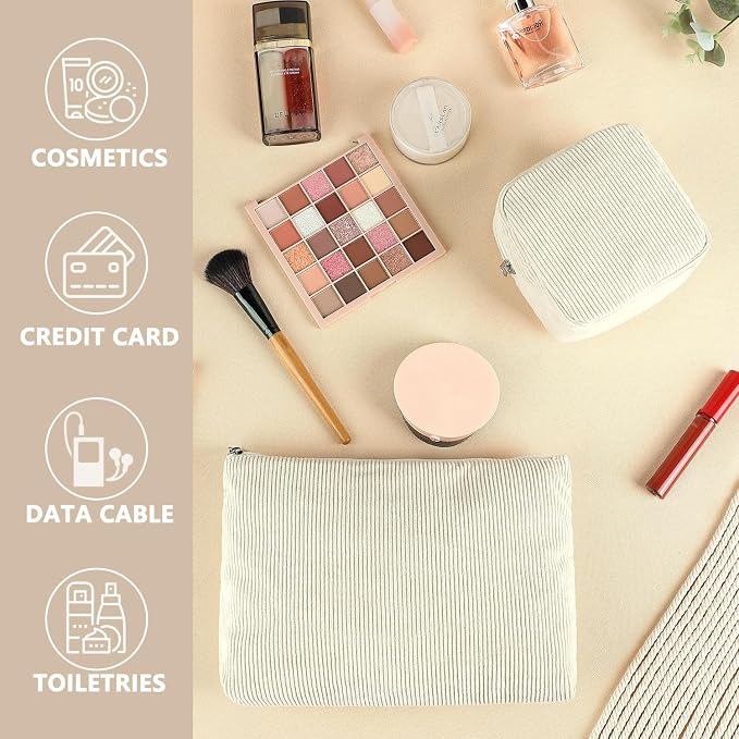 Fammart Corduroy Makeup Bag, Travel Cosmetic Bag Organizer Toiletry Bag Make Up Bags with Zipper & Compartments for Women Girls, 2PCS - Image 6