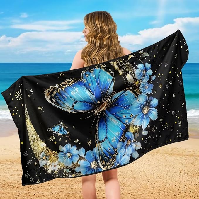 Butterfly Moon Car Seat Towel Cover After Gym Sweat Auto Front Seat Protector Blue Butterfly Flower Car Seat Cover Protector Universal Non Slip Waterproof Sweat Protector Beach Towel Yoga Mat - Image 5