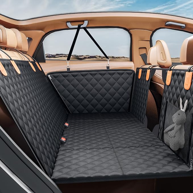 Dog Car Seat Cover for Back Seat, Hard Bottom Back Seat Extender | Rear Seat Pet Cover for Dogs - Supports 400lbs, Waterproof and Scratch Resistant Dog Hammock with Mesh Window For Cars & SUVs by PETICON