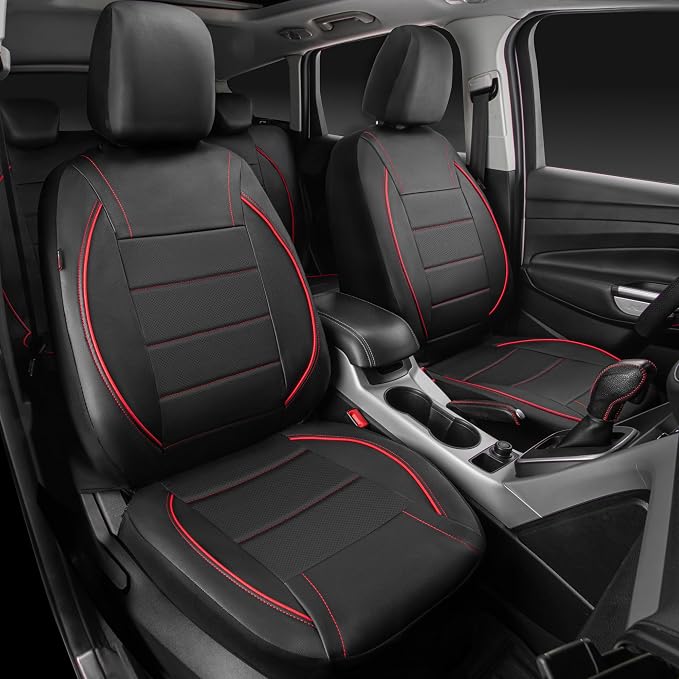 CAR PASS Universal FIT Piping Leather Car Seat Cover, for suvs,Van,Trucks,Airbag Compatible,Inside Zipper Design and Reserved Opening Holes (Full Set, Black and Red) - Image 3